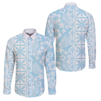 Pastel Blue Kahili Quilt Hawaii Family Matching Summer Maxi Dress and Hawaiian Shirt Tropical Flower Seamless Half Style LT14 Dad's Shirt - Long Sleeve Blue - Polynesian Pride