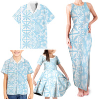 Pastel Blue Kahili Quilt Hawaii Family Matching Tank Maxi Dress and Hawaiian Shirt Tropical Flower Seamless Half Style LT14 - Polynesian Pride