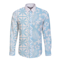 Pastel Blue Kahili Quilt Hawaii Long Sleeve Button Shirt Tropical Flower Seamless Half Style