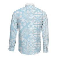 Pastel Blue Kahili Quilt Hawaii Long Sleeve Button Shirt Tropical Flower Seamless Half Style LT14 - Polynesian Pride