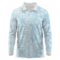 Pastel Blue Kahili Quilt Hawaii Long Sleeve Polo Shirt Tropical Flower Seamless Half Style