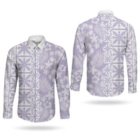 Pastel Purple Kahili Quilt Hawaii Couples Matching Off Shoulder Short Dress and Long Sleeve Button Shirt Tropical Flower Seamless Half Style LT14 - Polynesian Pride