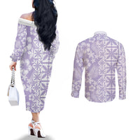 Pastel Purple Kahili Quilt Hawaii Couples Matching Off The Shoulder Long Sleeve Dress and Long Sleeve Button Shirt Tropical Flower Seamless Half Style