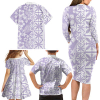 Pastel Purple Kahili Quilt Hawaii Family Matching Long Sleeve Bodycon Dress and Hawaiian Shirt Tropical Flower Seamless Half Style LT14 Mom's Dress Purple - Polynesian Pride