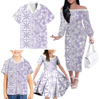 Pastel Purple Kahili Quilt Hawaii Family Matching Off The Shoulder Long Sleeve Dress and Hawaiian Shirt Tropical Flower Seamless Half Style LT14 - Polynesian Pride
