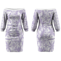 Pastel Purple Kahili Quilt Hawaii Family Matching Off The Shoulder Long Sleeve Dress and Hawaiian Shirt Tropical Flower Seamless Half Style LT14 Mom's Dress Purple - Polynesian Pride