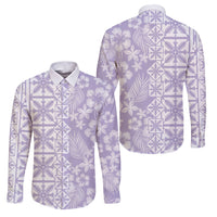 Pastel Purple Kahili Quilt Hawaii Family Matching Off The Shoulder Long Sleeve Dress and Hawaiian Shirt Tropical Flower Seamless Half Style LT14 Dad's Shirt - Long Sleeve Purple - Polynesian Pride