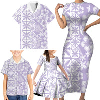 Pastel Purple Kahili Quilt Hawaii Family Matching Short Sleeve Bodycon Dress and Hawaiian Shirt Tropical Flower Seamless Half Style LT14 - Polynesian Pride