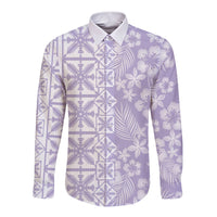 Pastel Purple Kahili Quilt Hawaii Long Sleeve Button Shirt Tropical Flower Seamless Half Style