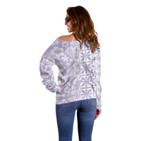 Pastel Purple Kahili Quilt Hawaii Off Shoulder Sweater Tropical Flower Seamless Half Style