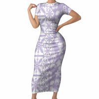 Pastel Purple Kahili Quilt Hawaii Short Sleeve Bodycon Dress Tropical Flower Seamless Half Style LT14 Long Dress Purple - Polynesian Pride
