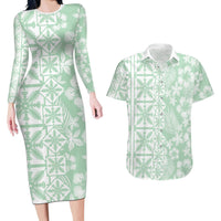 Pastel Green Kahili Quilt Hawaii Couples Matching Long Sleeve Bodycon Dress and Hawaiian Shirt Tropical Flower Seamless Half Style