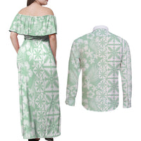 Pastel Green Kahili Quilt Hawaii Couples Matching Off Shoulder Maxi Dress and Long Sleeve Button Shirt Tropical Flower Seamless Half Style