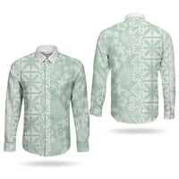 Pastel Green Kahili Quilt Hawaii Couples Matching Off Shoulder Short Dress and Long Sleeve Button Shirt Tropical Flower Seamless Half Style LT14 - Polynesian Pride
