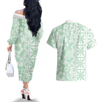 Pastel Green Kahili Quilt Hawaii Couples Matching Off The Shoulder Long Sleeve Dress and Hawaiian Shirt Tropical Flower Seamless Half Style