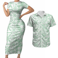 Pastel Green Kahili Quilt Hawaii Couples Matching Short Sleeve Bodycon Dress and Hawaiian Shirt Tropical Flower Seamless Half Style LT14 Green - Polynesian Pride
