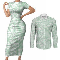 Pastel Green Kahili Quilt Hawaii Couples Matching Short Sleeve Bodycon Dress and Long Sleeve Button Shirt Tropical Flower Seamless Half Style LT14 Green - Polynesian Pride