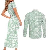Pastel Green Kahili Quilt Hawaii Couples Matching Short Sleeve Bodycon Dress and Long Sleeve Button Shirt Tropical Flower Seamless Half Style LT14 - Polynesian Pride