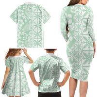 Pastel Green Kahili Quilt Hawaii Family Matching Long Sleeve Bodycon Dress and Hawaiian Shirt Tropical Flower Seamless Half Style