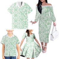 Pastel Green Kahili Quilt Hawaii Family Matching Off The Shoulder Long Sleeve Dress and Hawaiian Shirt Tropical Flower Seamless Half Style LT14 - Polynesian Pride