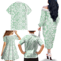 Pastel Green Kahili Quilt Hawaii Family Matching Off The Shoulder Long Sleeve Dress and Hawaiian Shirt Tropical Flower Seamless Half Style