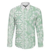 Pastel Green Kahili Quilt Hawaii Family Matching Off The Shoulder Long Sleeve Dress and Hawaiian Shirt Tropical Flower Seamless Half Style LT14 Daughter's Dress Green - Polynesian Pride