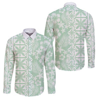 Pastel Green Kahili Quilt Hawaii Family Matching Off Shoulder Maxi Dress and Hawaiian Shirt Tropical Flower Seamless Half Style LT14 Dad's Shirt - Long Sleeve Green - Polynesian Pride