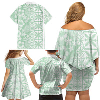 Pastel Green Kahili Quilt Hawaii Family Matching Off Shoulder Short Dress and Hawaiian Shirt Tropical Flower Seamless Half Style LT14 Mom's Dress Green - Polynesian Pride