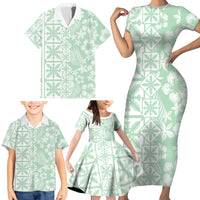 Pastel Green Kahili Quilt Hawaii Family Matching Short Sleeve Bodycon Dress and Hawaiian Shirt Tropical Flower Seamless Half Style LT14 - Polynesian Pride