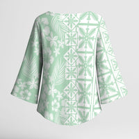 Pastel Green Kahili Quilt Hawaii Kimono Sleeve Blouse Tropical Flower Seamless Half Style