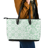 Pastel Green Kahili Quilt Hawaii Leather Tote Bag Tropical Flower Seamless Half Style