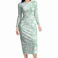 Pastel Green Kahili Quilt Hawaii Long Sleeve Bodycon Dress Tropical Flower Seamless Half Style LT14 Long Dress Green - Polynesian Pride