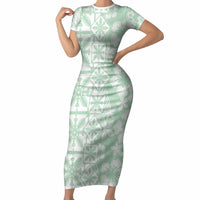 Pastel Green Kahili Quilt Hawaii Short Sleeve Bodycon Dress Tropical Flower Seamless Half Style LT14 Long Dress Green - Polynesian Pride