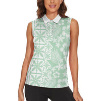 Pastel Green Kahili Quilt Hawaii Women Sleeveless Polo Shirt Tropical Flower Seamless Half Style
