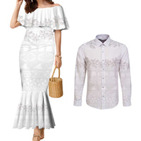 Tokelau White Sunday Couples Matching Mermaid Dress and Long Sleeve Button Shirt Polynesian Pattern Gardenia Thunbergia