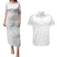 Tokelau White Sunday Couples Matching Puletasi and Hawaiian Shirt Polynesian Pattern Gardenia Thunbergia