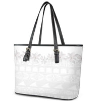 Tokelau White Sunday Leather Tote Bag Polynesian Pattern Gardenia Thunbergia