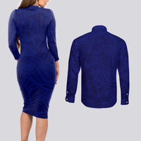 Blue Polynesia Couples Matching Long Sleeve Bodycon Dress and Long Sleeve Button Shirt Polynesian Pattern Mix Plumeria LT14 - Polynesian Pride