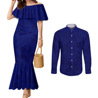 Blue Polynesia Couples Matching Mermaid Dress and Long Sleeve Button Shirt Polynesian Pattern Mix Plumeria LT14 Blue - Polynesian Pride