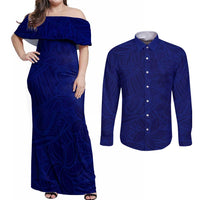 Blue Polynesia Couples Matching Off Shoulder Maxi Dress and Long Sleeve Button Shirt Polynesian Pattern Mix Plumeria LT14 Blue - Polynesian Pride