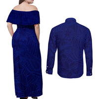 Blue Polynesia Couples Matching Off Shoulder Maxi Dress and Long Sleeve Button Shirt Polynesian Pattern Mix Plumeria LT14 - Polynesian Pride