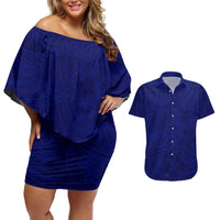 Blue Polynesia Couples Matching Off Shoulder Short Dress and Hawaiian Shirt Polynesian Pattern Mix Plumeria LT14 Blue - Polynesian Pride