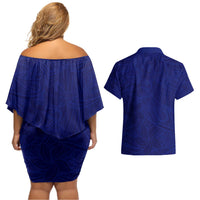 Blue Polynesia Couples Matching Off Shoulder Short Dress and Hawaiian Shirt Polynesian Pattern Mix Plumeria LT14 - Polynesian Pride