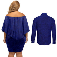 Blue Polynesia Couples Matching Off Shoulder Short Dress and Long Sleeve Button Shirt Polynesian Pattern Mix Plumeria LT14 - Polynesian Pride