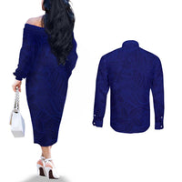 Blue Polynesia Couples Matching Off The Shoulder Long Sleeve Dress and Long Sleeve Button Shirt Polynesian Pattern Mix Plumeria LT14 - Polynesian Pride