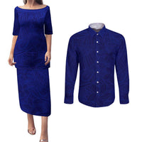 Blue Polynesia Couples Matching Puletasi and Long Sleeve Button Shirt Polynesian Pattern Mix Plumeria LT14 Blue - Polynesian Pride