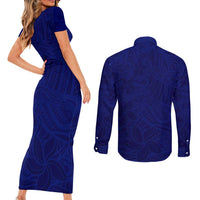 Blue Polynesia Couples Matching Short Sleeve Bodycon Dress and Long Sleeve Button Shirt Polynesian Pattern Mix Plumeria LT14 - Polynesian Pride