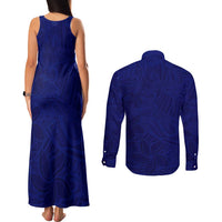 Blue Polynesia Couples Matching Tank Maxi Dress and Long Sleeve Button Shirt Polynesian Pattern Mix Plumeria LT14 - Polynesian Pride