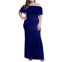 Blue Polynesia Family Matching Off Shoulder Maxi Dress and Hawaiian Shirt Polynesian Pattern Mix Plumeria LT14 Mom's Dress Blue - Polynesian Pride