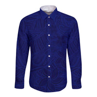 Blue Polynesia Long Sleeve Button Shirt Polynesian Pattern Mix Plumeria